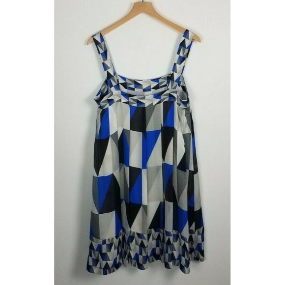 Theory Sz. 12 100% Silk Blue/Grey/White/Black Geometric Pleated Tank Dress - Picture 6 of 8